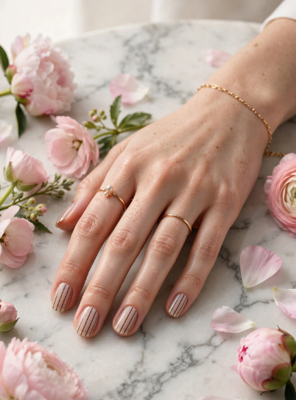 15 Nail Art Designs Using Household Items Elegant vertical pinstripe nail art using household items crafted with tape guides or thread on nude manicured nails.