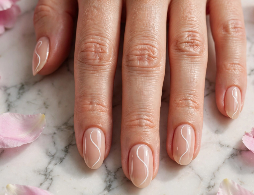 15 Nail Art Designs Using Household Items Minimalist white swirl nail art using household items drawn with a toothpick on glossy nude oval nails.