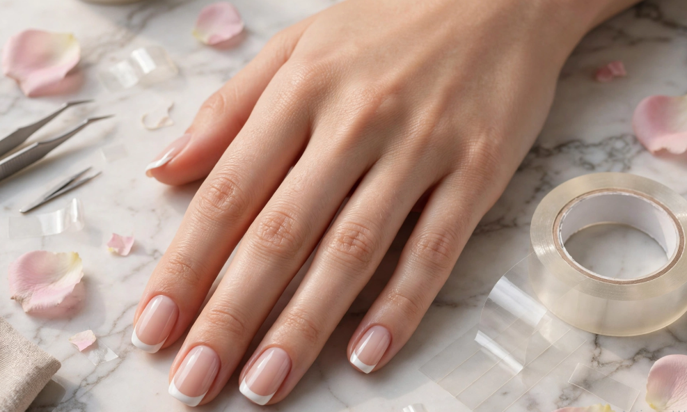 15 Nail Art Designs Using Household Items Classic French tip nail art using household items crafted with clear scotch tape on glossy square-oval manicure nails.