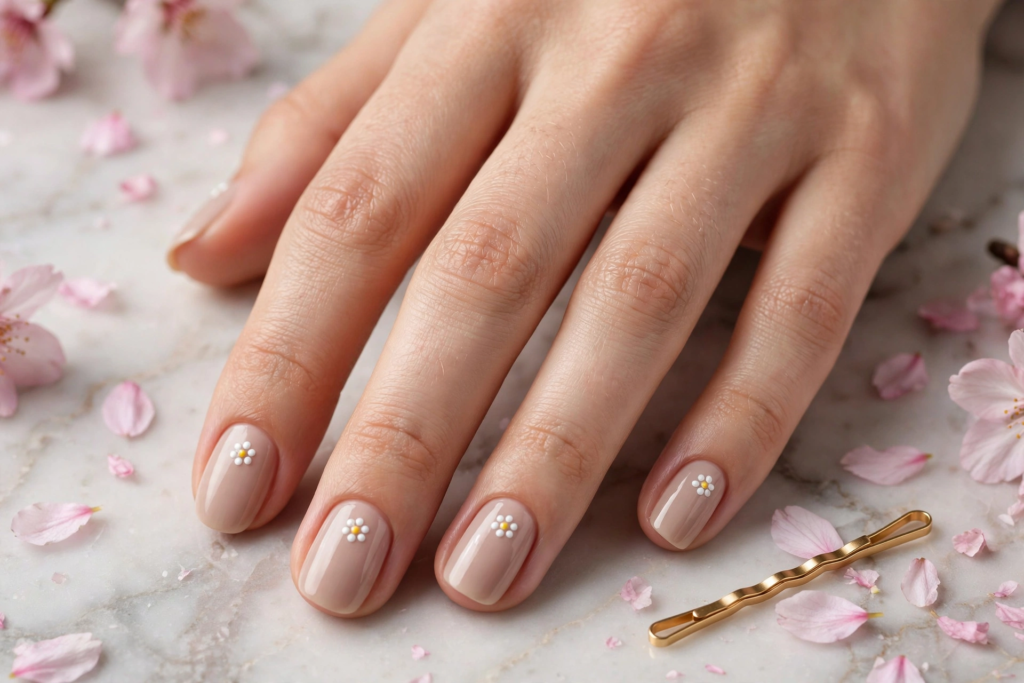 15 Nail Art Designs Using Household Items Dainty white daisy flower nail art using household items created with a bobby pin tip on glossy nude nails.