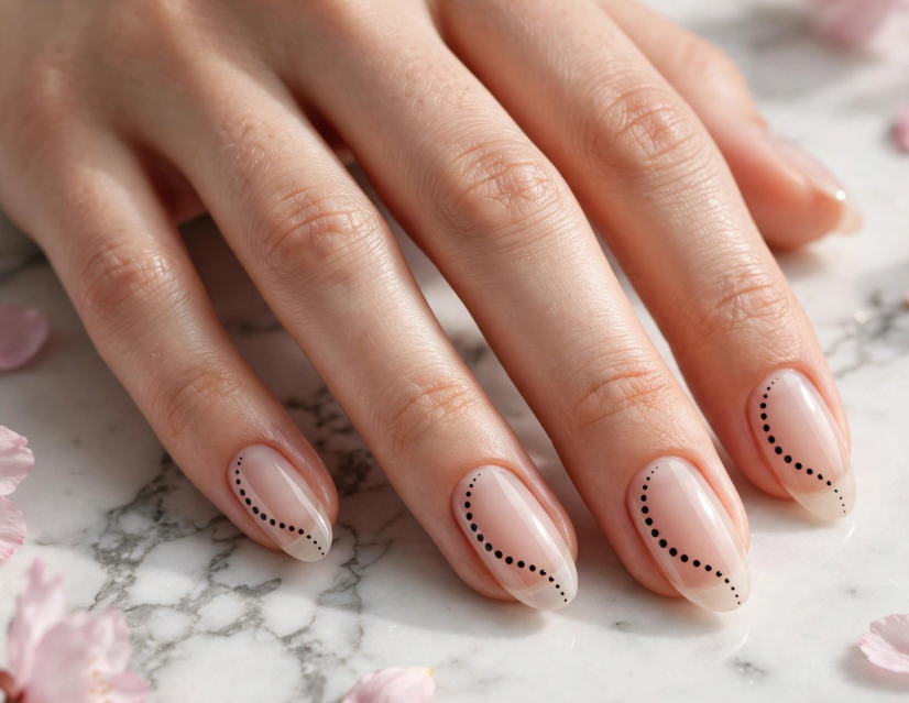 15 Nail Art Designs Using Household Items Elegant curved dotted line nail art using household items created with a toothpick or sewing pin on sheer nude oval nails.