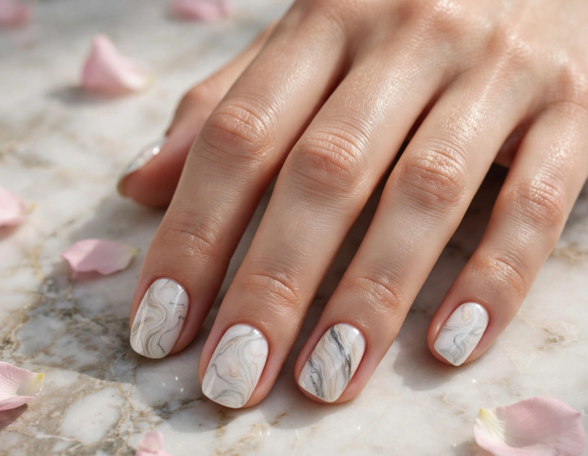 15 Nail Art Designs Using Household Items Soft white water marble nail art using household items crafted with a cup of water and a toothpick on short manicure nails.
