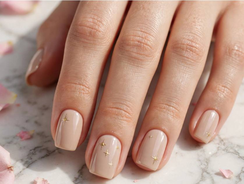 15 Nail Art Designs Using Household Items Delicate gold starburst and sparkle nail art using household items drawn with a toothpick on square nude manicure nails.