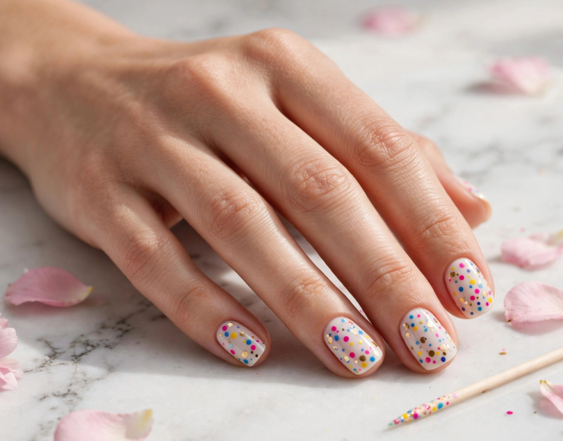 15 Nail Art Designs Using Household Items Playful confetti polka dot nail art using household items created with a wooden toothpick on short milky white nails.