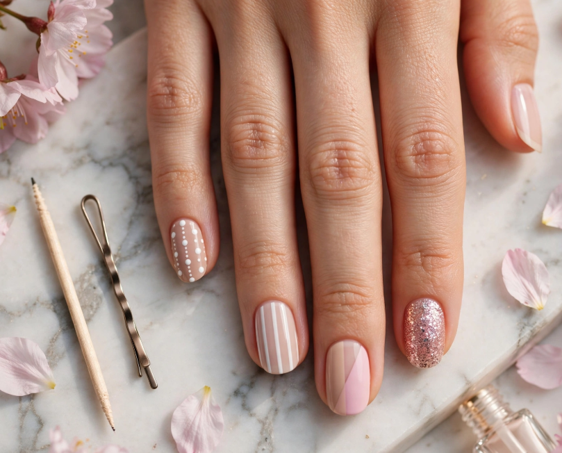 15 Nail Art Designs Using Household Items Assorted neutral mix-and-match nail art using household items including stripes, dots, color block, and glitter using a toothpick and bobby pin.