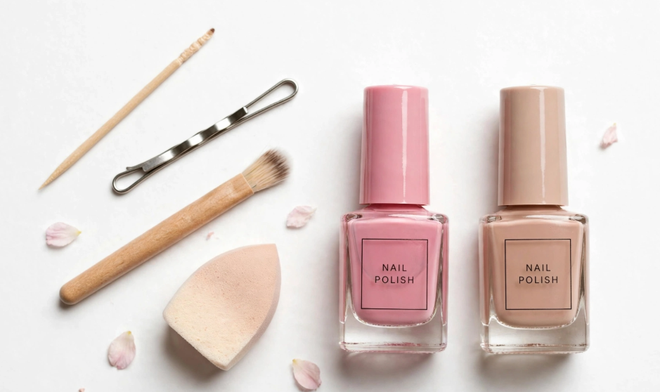 15 Nail Art Designs Using Household Items DIY kit for nail art using household items including pink and nude polish, a toothpick, bobby pin, brush, and makeup sponge.