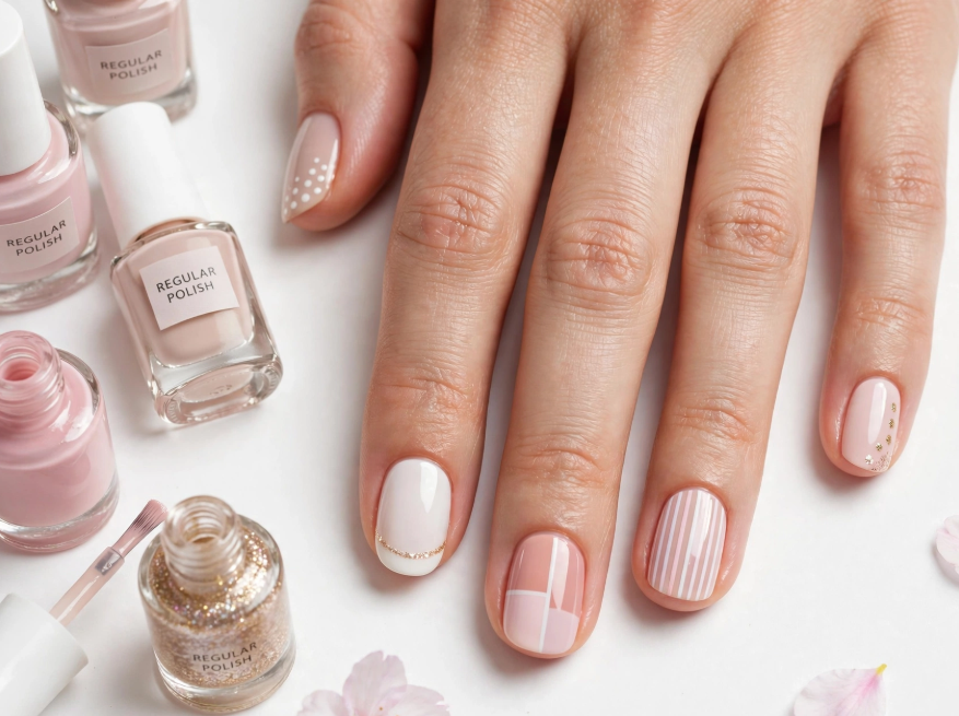 15 Nail Art Designs Using Household Items Assorted neutral and pastel nail art using household items featuring dots, stripes, color blocking, and glitter details beside polish bottles.