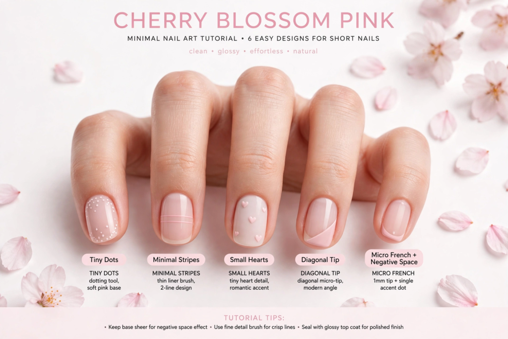 15 Nail Art Designs Using Household Items Cherry blossom pink minimal nail art using household items featuring dots, stripes, tiny hearts, diagonal tips, and micro French designs for short nails.