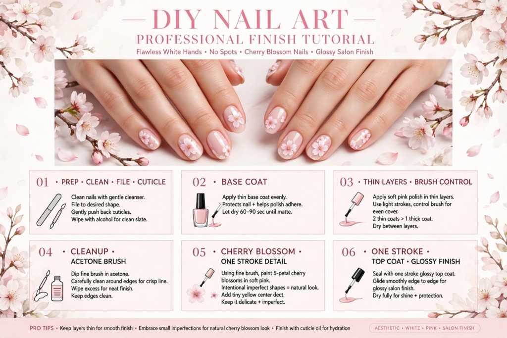 15 Nail Art Designs Using Household Items Step-by-step DIY cherry blossom manicure tutorial for nail art using household items with prep, base coat, cleanup, and glossy top coat guide.