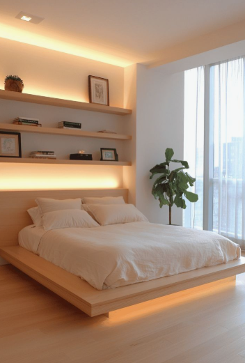 A modern platform bed and floating shelves illuminated by warm ambient LED lighting, highlighting creative bedroom makeover ideas on a budget for a sleek, contemporary space.