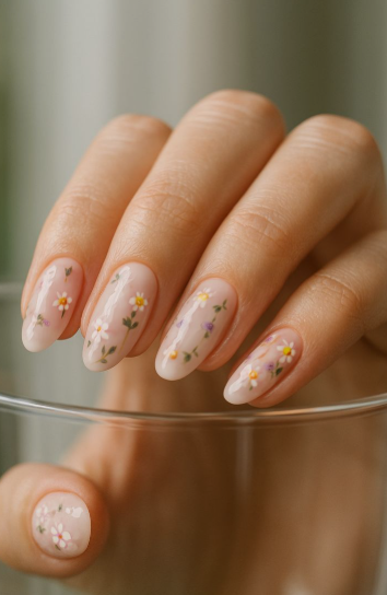 35 Short Nail Designs That Make Your Fingers Look Longer A close-up of short, oval nails featuring delicate pressed-flower style floral art on a translucent milky base, serving as one of the short nail designs that make your fingers look longer.