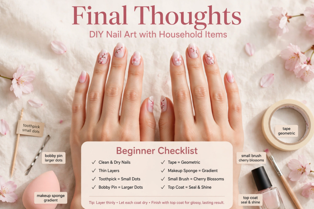 15 Nail Art Designs Using Household Items Beginner checklist infographic for nail art using household items including toothpicks, bobby pins, tape, and sponges with cherry blossom nails.