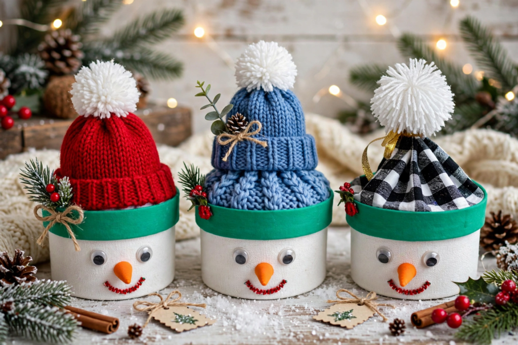 Three DIY snowman treat containers with knit beanies and pom-poms displayed as handmade gift ideas on a budget.