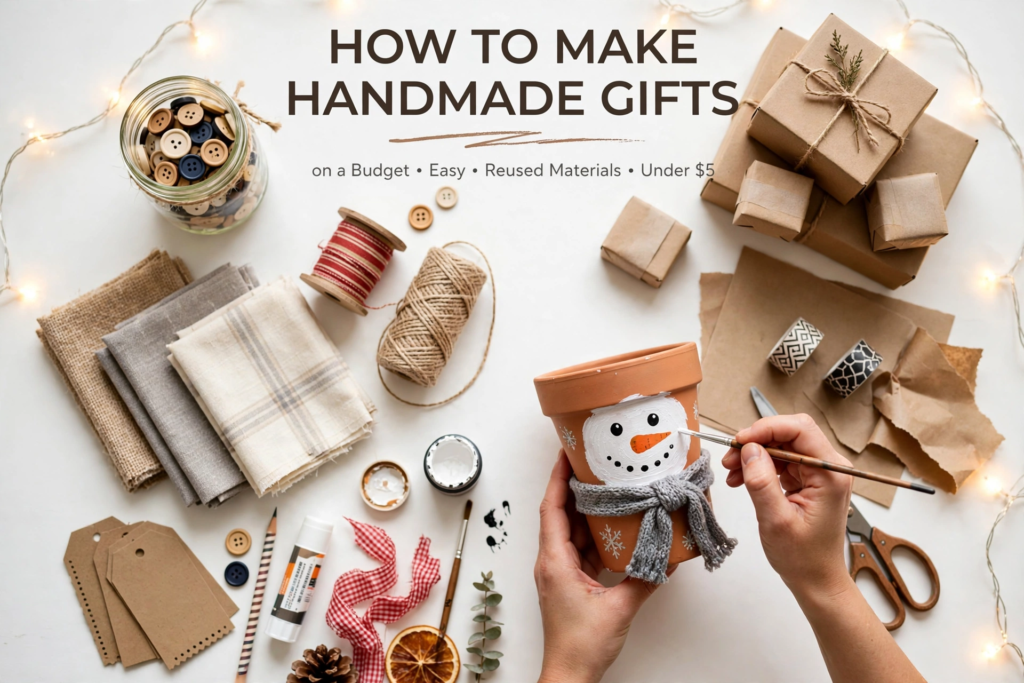 Flat lay crafting setup showing how to create handmade gift ideas on a budget using painted terracotta pots and kraft paper.