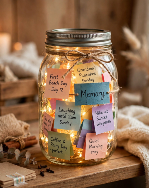 DIY glowing memory jar filled with fairy lights and handwritten notes for handmade gift ideas on a budget.
