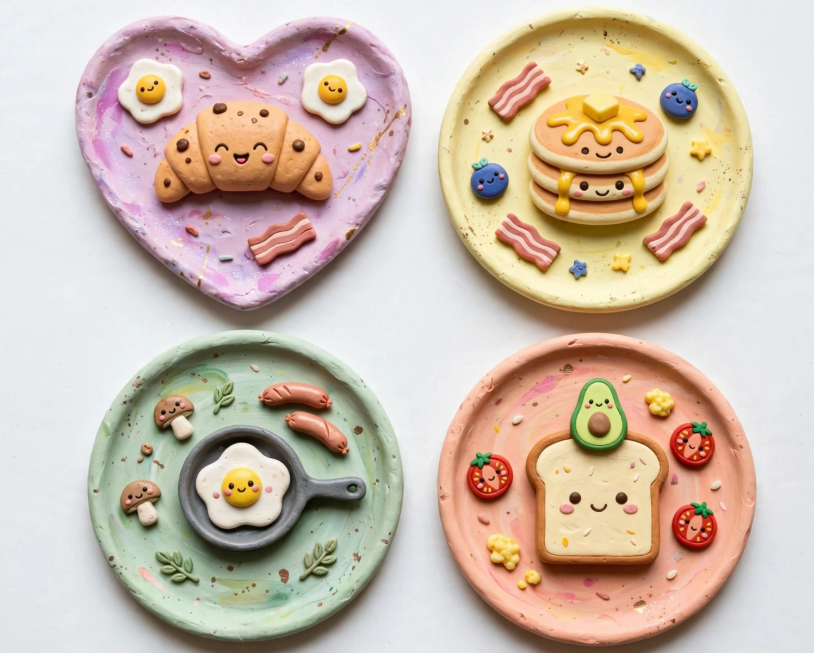 Cute DIY clay trinket dishes with breakfast food designs for handmade gift ideas on a budget.