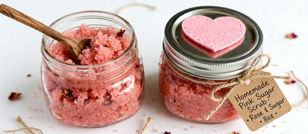 Glass jars of DIY pink rose sugar scrub displayed as handmade gift ideas on a budget.