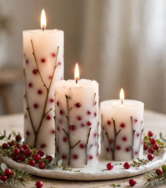 Three lighted botanical pillar candles embedded with twigs and red berries for handmade gift ideas on a budget.