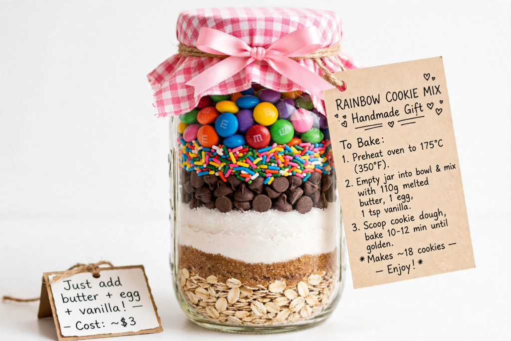 Mason jar rainbow cookie mix with a recipe tag for handmade gift ideas on a budget.   