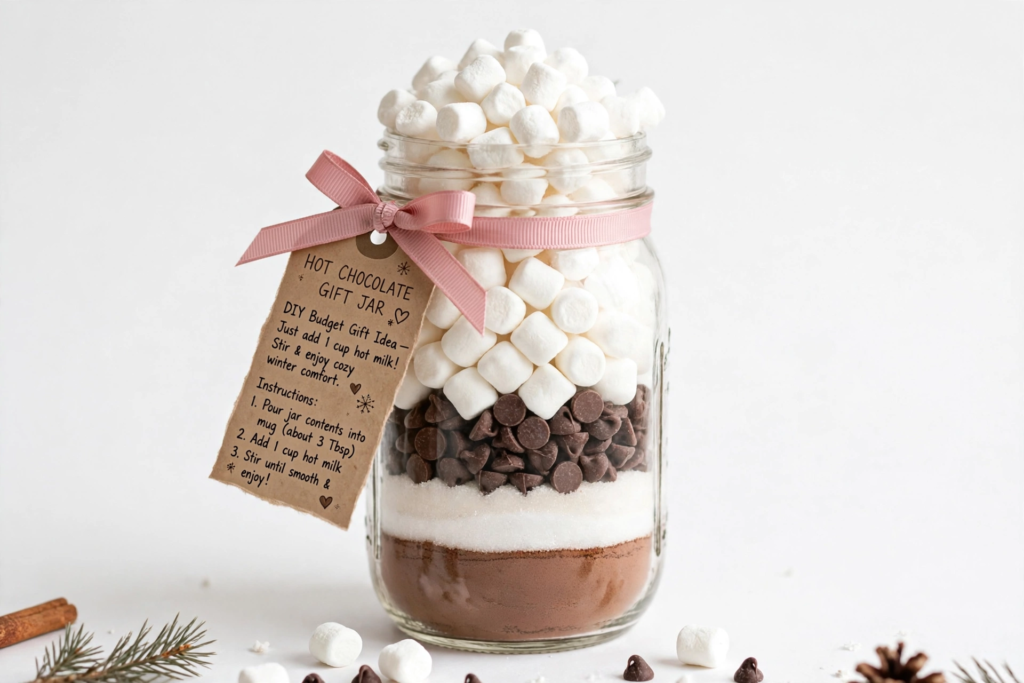 Mason jar hot chocolate gift mix layered with marshmallows for handmade gift ideas on a budget.   