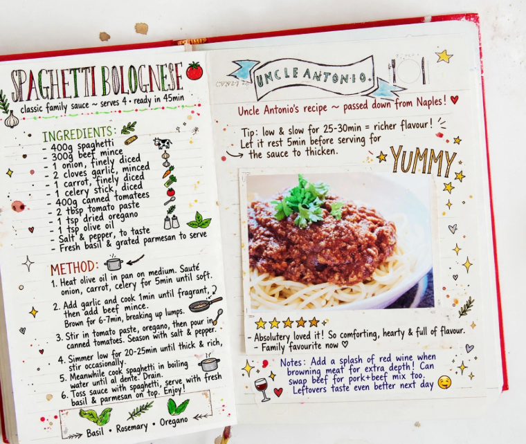 Hand-lettered DIY family recipe scrapbook journal for handmade gift ideas on a budget.   