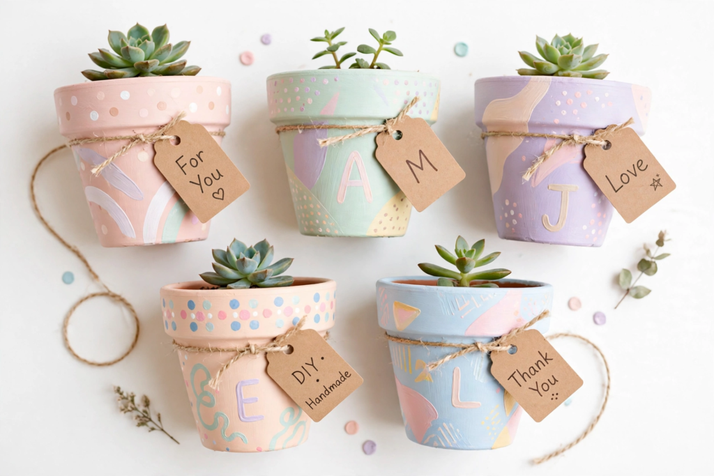 Hand-painted pastel succulent pots with personalized gift tags for handmade gift ideas on a budget.   