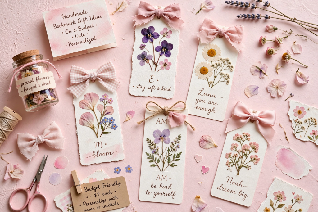 DIY pressed flower bookmarks with ribbon bows for handmade gift ideas on a budget.   