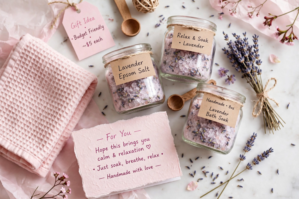 DIY lavender Epsom bath soak jars with wooden scoops for handmade gift ideas on a budget.   