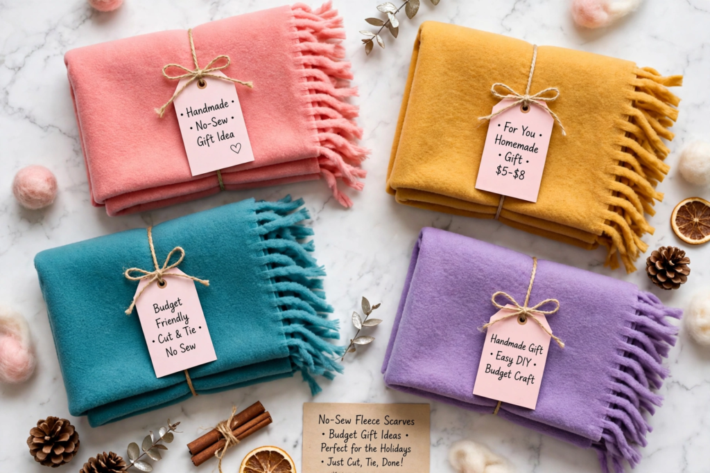 Colorful DIY no-sew fleece scarves tied with twine tags for handmade gift ideas on a budget.   