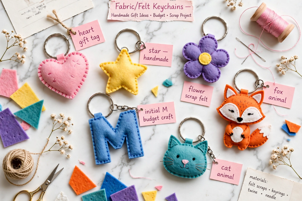 Assorted DIY stitched felt keychains shown as handmade gift ideas on a budget.   