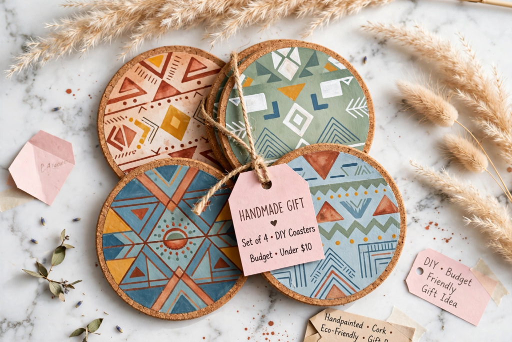 Hand-painted cork coaster set tied with twine for handmade gift ideas on a budget.   