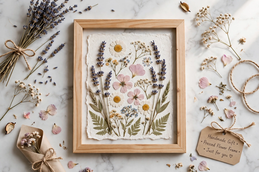 DIY framed pressed flower art displayed as handmade gift ideas on a budget.   