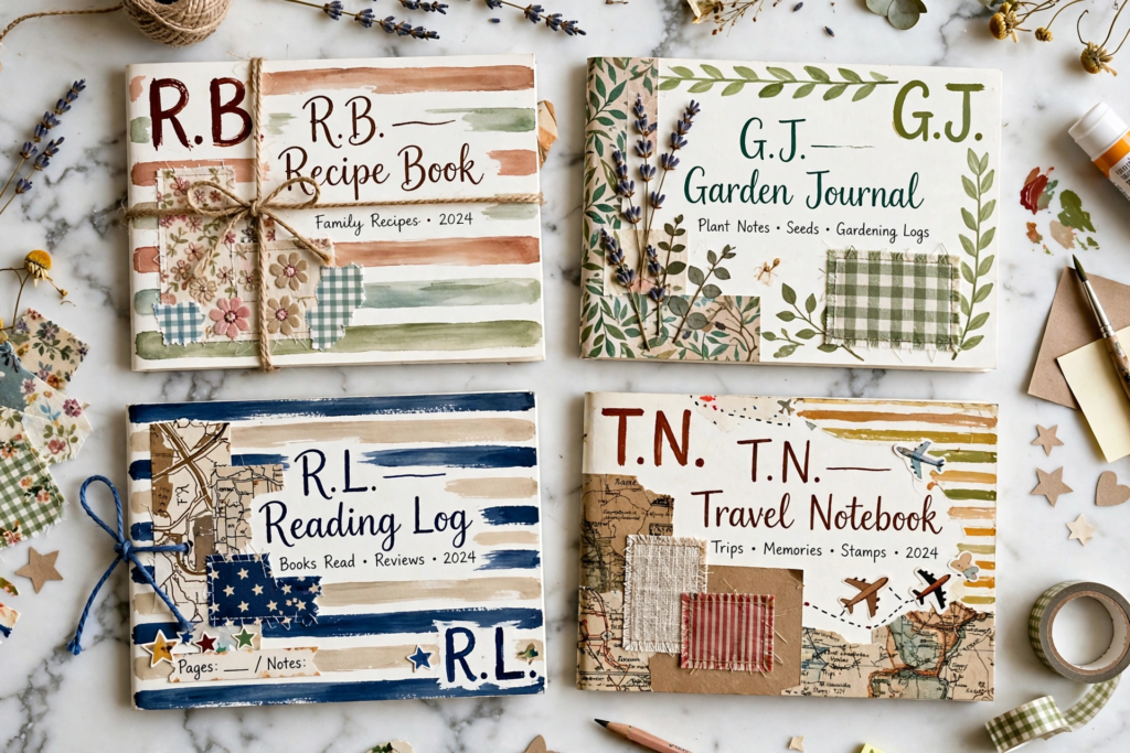 Set of personalized DIY junk journals and memory notebooks for handmade gift ideas on a budget.   