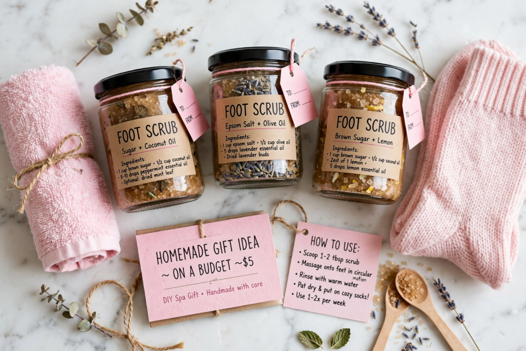 Three glass jars of DIY natural foot scrub displayed as handmade gift ideas on a budget.   