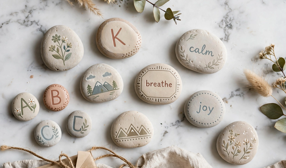 Assorted hand-painted inspiration and alphabet stones for handmade gift ideas on a budget.   