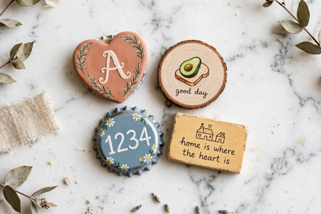 Assorted DIY handmade refrigerator magnets for handmade gift ideas on a budget.   