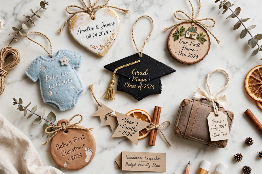 Assorted personalized DIY keepsake ornaments for handmade gift ideas on a budget.   