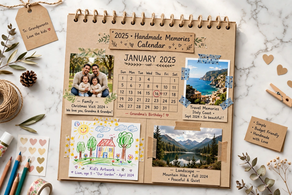 DIY scrapbook photo calendar displayed as handmade gift ideas on a budget.   