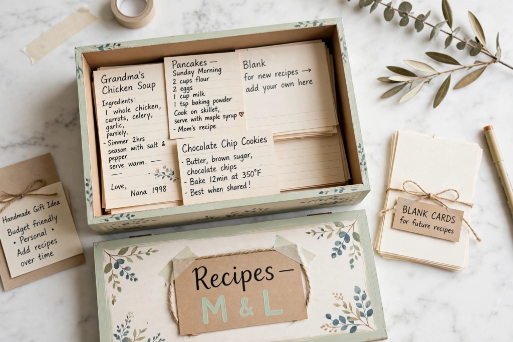 Hand-painted wooden recipe box with family recipe cards for handmade gift ideas on a budget.   