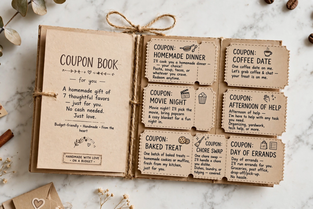 DIY kraft paper coupon book of thoughtful favors for handmade gift ideas on a budget.   