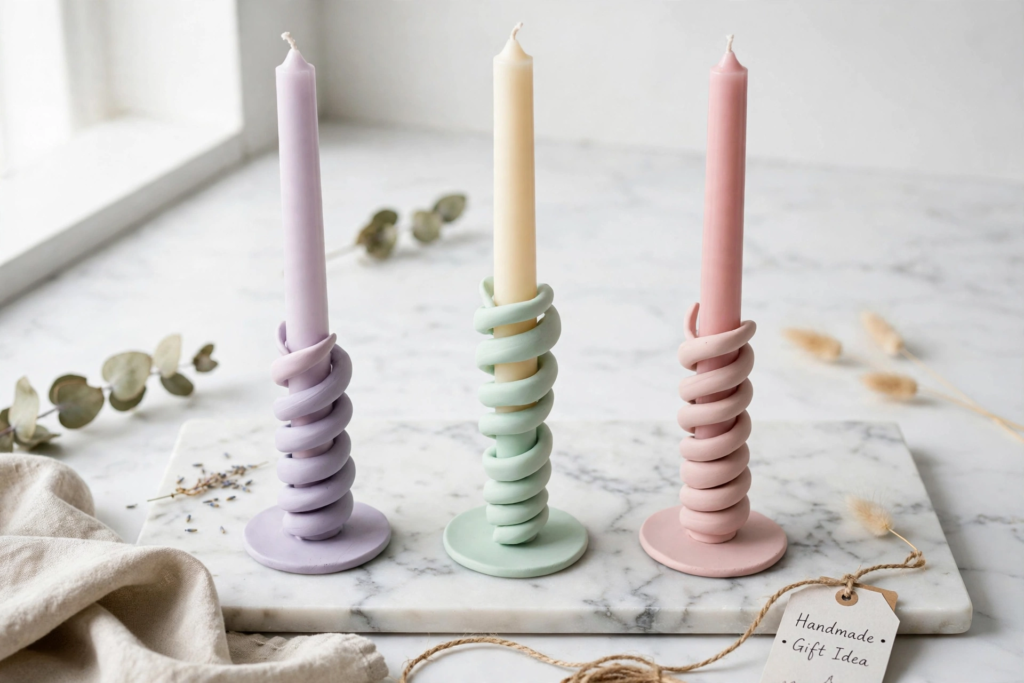 DIY pastel clay spiral candle holders for handmade gift ideas on a budget.   