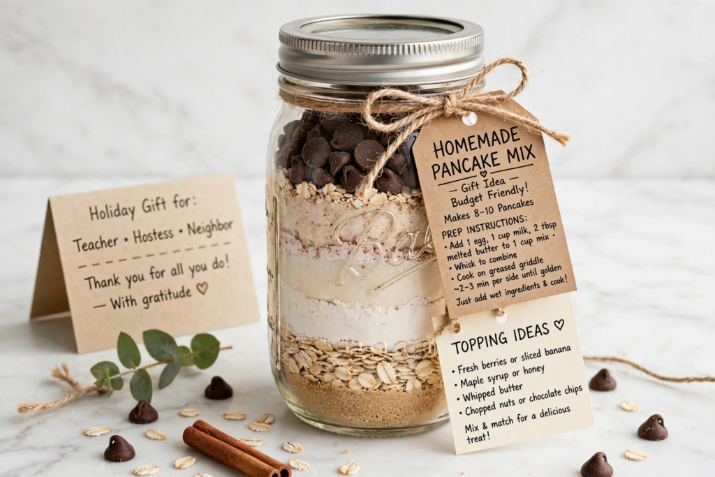 Mason jar homemade pancake mix with chocolate chips and recipe tags for handmade gift ideas on a budget.   