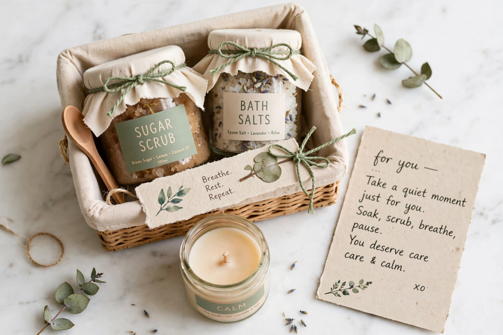 DIY spa gift basket with homemade sugar scrub, bath salts, and a scented candle for handmade gift ideas on a budget.   