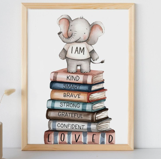 Framed watercolor elephant and positive affirmations book stack nursery art for handmade gift ideas on a budget.   