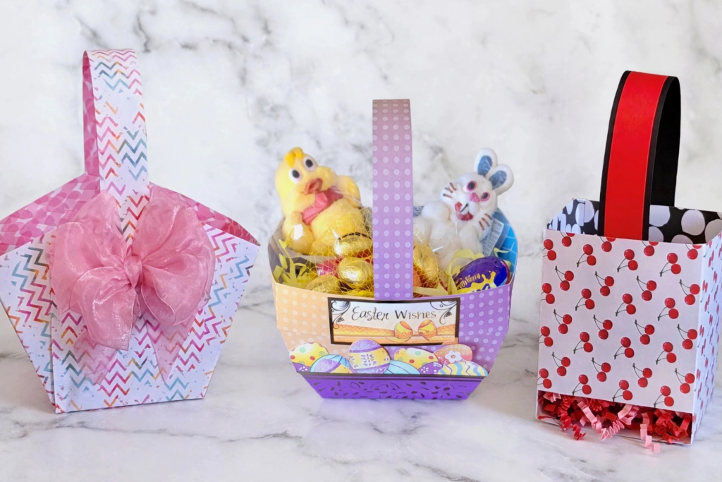 DIY paper gift baskets filled with treats for handmade gift ideas on a budget.   