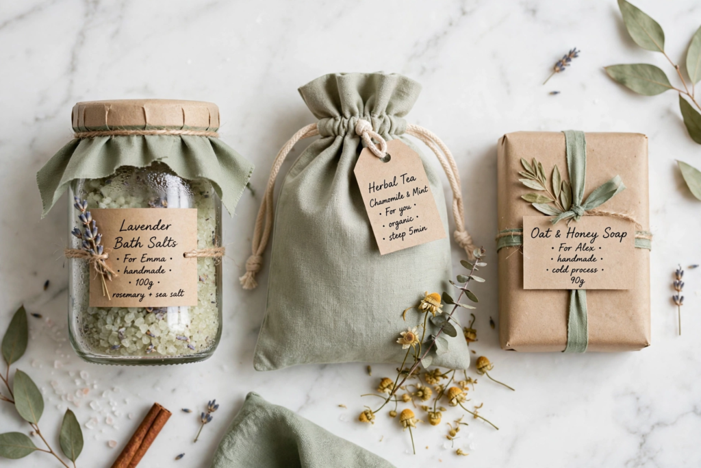 DIY natural spa gift set featuring lavender bath salts, herbal tea, and oat honey soap for handmade gift ideas on a budget.   