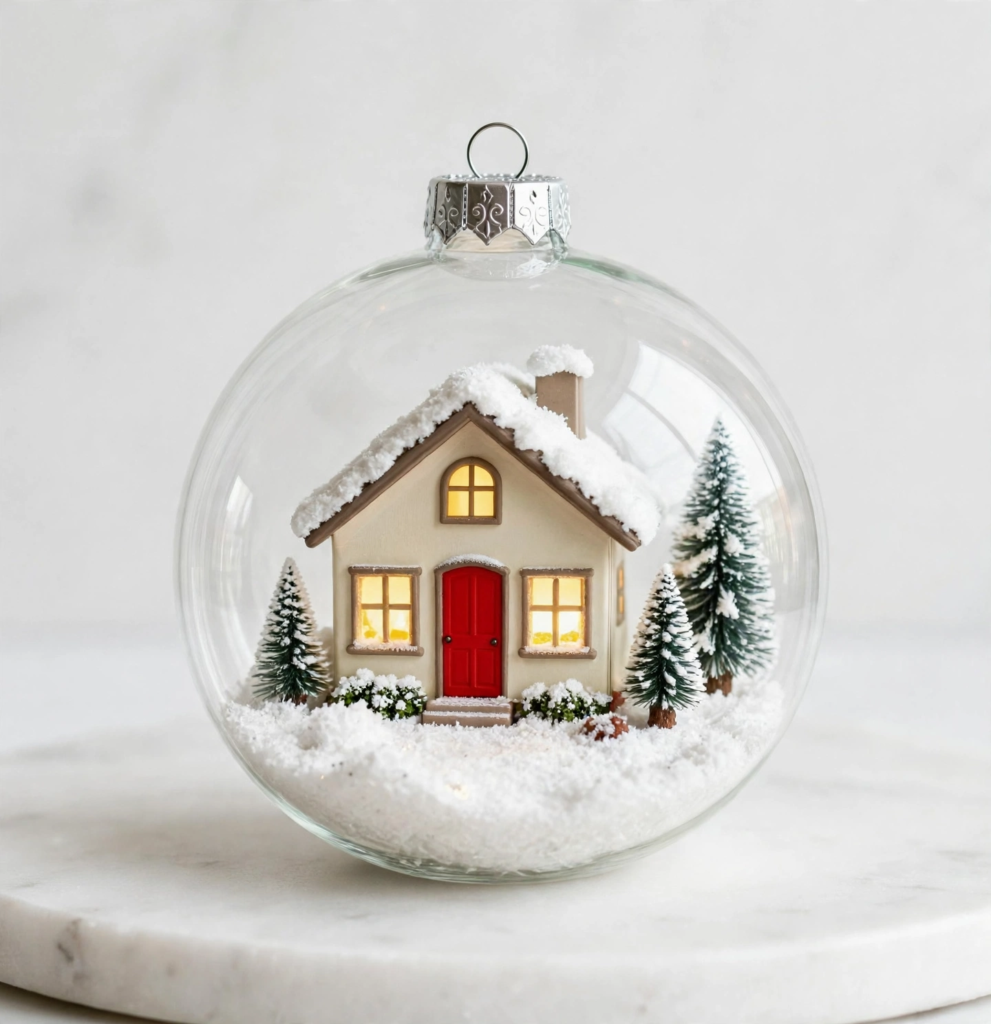 DIY miniature snowy cottage glass globe ornament for handmade gift ideas on a budget.   