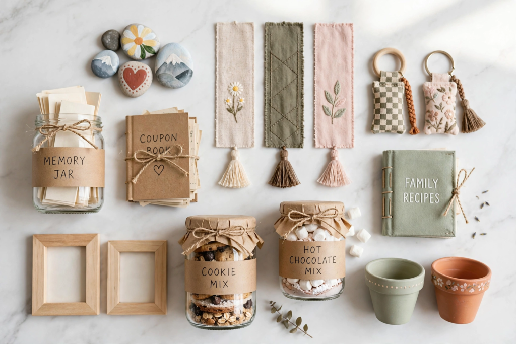 Assorted DIY crafts and mason jar kits for handmade gift ideas on a budget.   