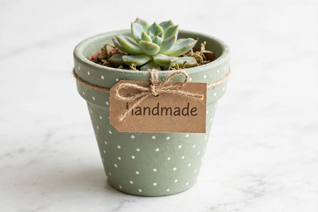 Hand-painted polka dot succulent pot for handmade gift ideas on a budget.   