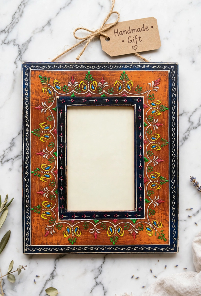Hand-painted folk art wooden picture frame for handmade gift ideas on a budget.   